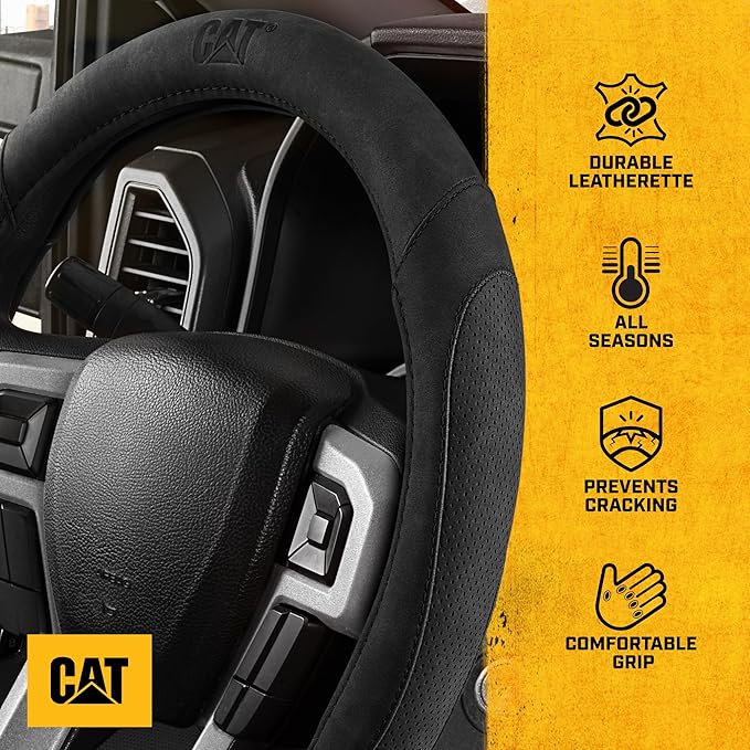 Cat® US Flag Leather Steering Wheel Cover w Metal Flag Emblem, Black Leatherette, Standard 14.5–15.5 Inch, Non Slip Comfort, Car Steering Wheel Cover for Truck SUV Auto, American Flag Car Accessories