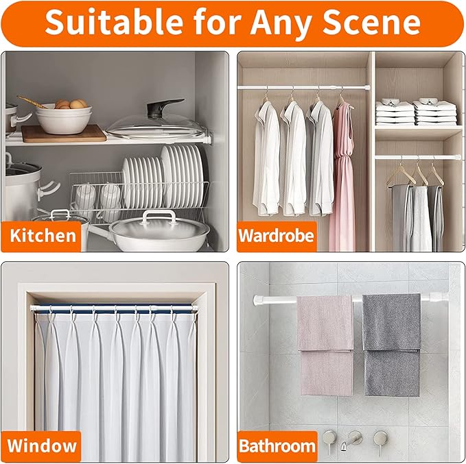 6 Pack Spring Curtain Rod Adjustable Length for Kitchen, Bathroom, Cupboard, Wardrobe, Window, Bookshelf DIY Projects