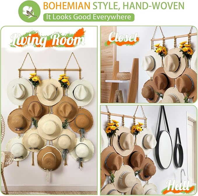 Macrame Hat Organizer Rack for Wall 15 Clips 31x66in Large Fedora Hat Hangers Display for Wide Brimmed Hat Holder Storage Boh