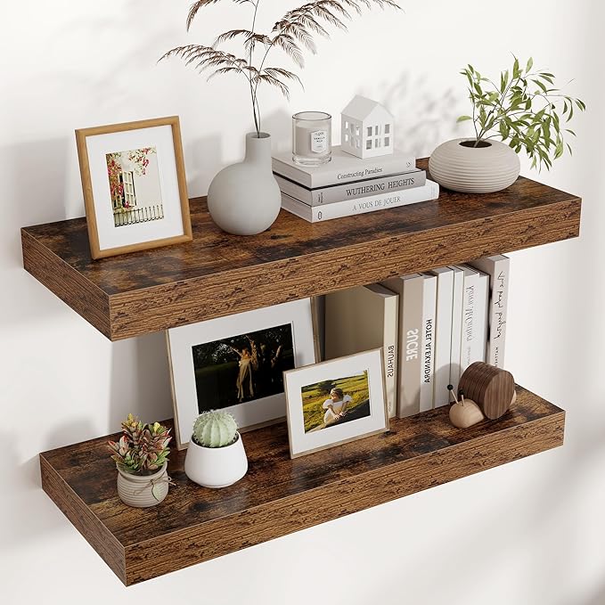 Floating Shelves for Wall, 30" W x 12" D x 2" H, 2 Pack of Long Wall Mounted Engineered Wood Shelves with Invisible Brackets 