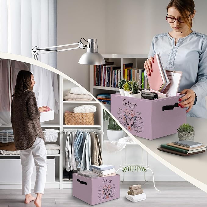 Purple Christian Foldable Basket Storage Bins Box with Handles, God Says You Are Bible Verse Butterfly Collapsible Organizer 