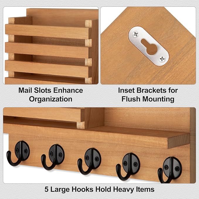 Lwenki Key Holder for Wall – Decorative Wooden Mail Holder and Key Shelf with Mounting Hardware, Installation Guide – Paulown