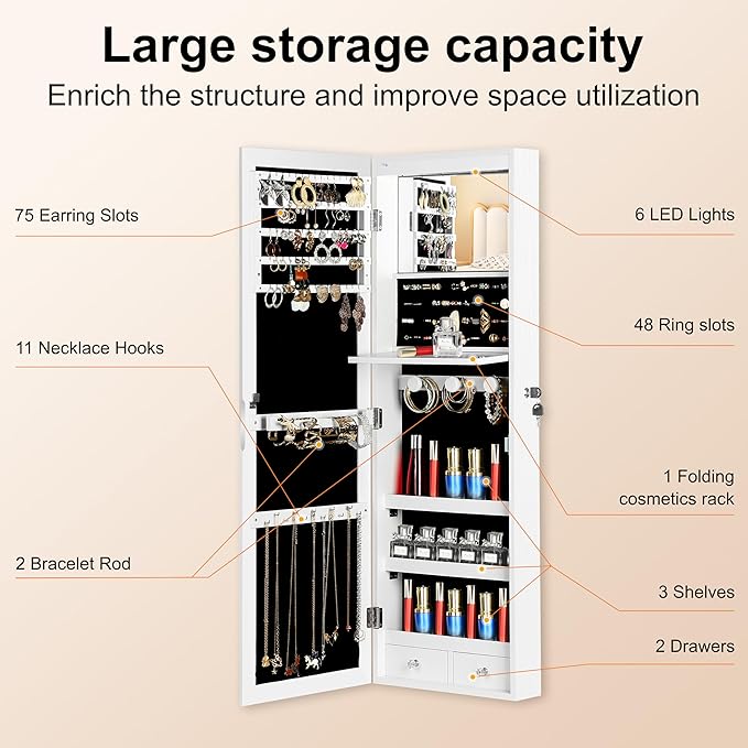 Mirror Jewelry Cabinet, Wall/Door Mounted Jewelry Armoire with Full-Length Mirror, Hanging Jewelry Organizer with LED Interio