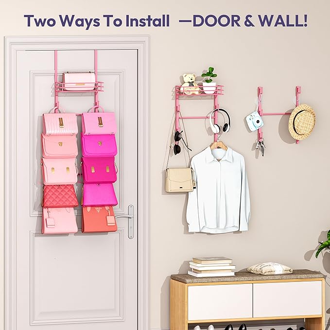 SWTYMIKI Over The Door Purse Organizer - Wall Mounted Handbag Organizer with 10 Hooks and Metal Basket, Hanging Purse Storage