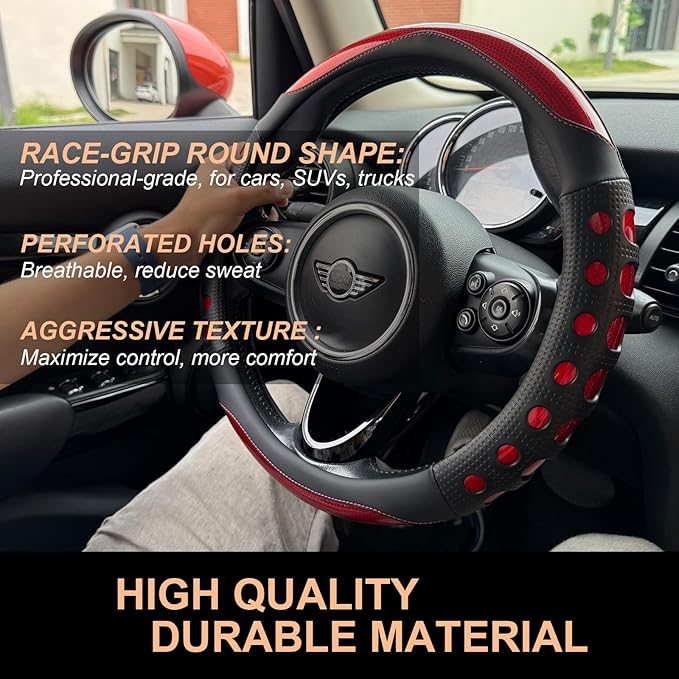 PINCTROT Race Grip Steering Wheel Cover, Anti Slip Silicone Perforated Design with Soft Touch Padding, Enhanced Grip for Sporty Driving, Universal 14.5-15 Inch (Racing Red)
