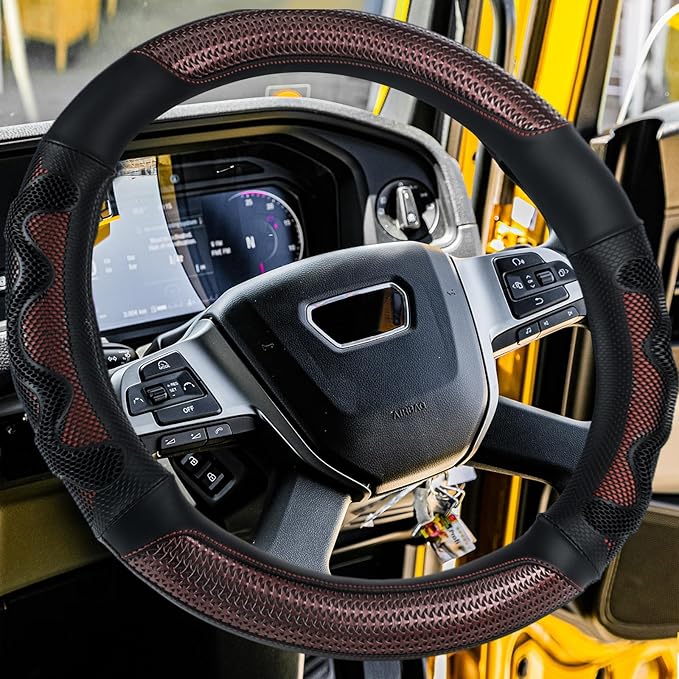 18 Inch Truck Steering Wheel Cover Leather Wheel Semi-Truck Comfy Grip Cover Anti Slip Car Accessory, Fits Rv, Big Rig and Classic Car(Red, Classic Style)