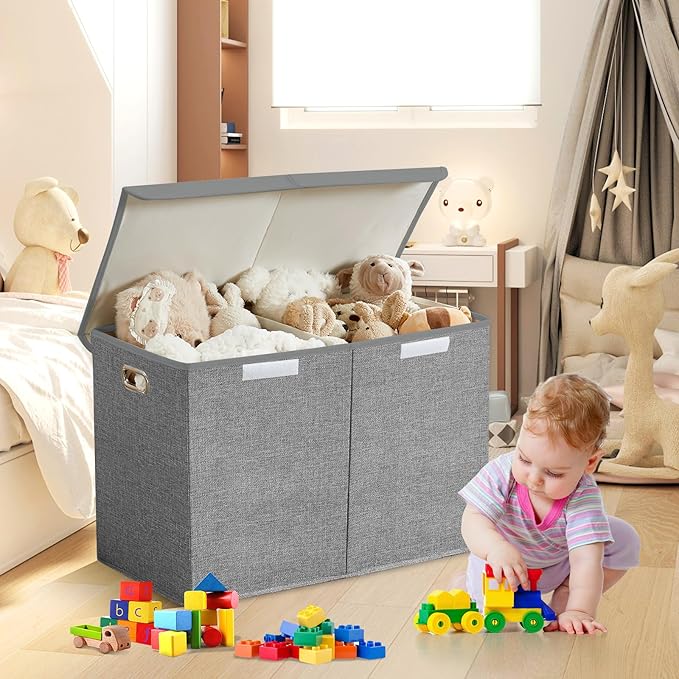 Large Toy Storage Box with Lid, Collapsible Toys Storage Organizer Bins with Dividers and Handles, Storage Chest Bin for Kids