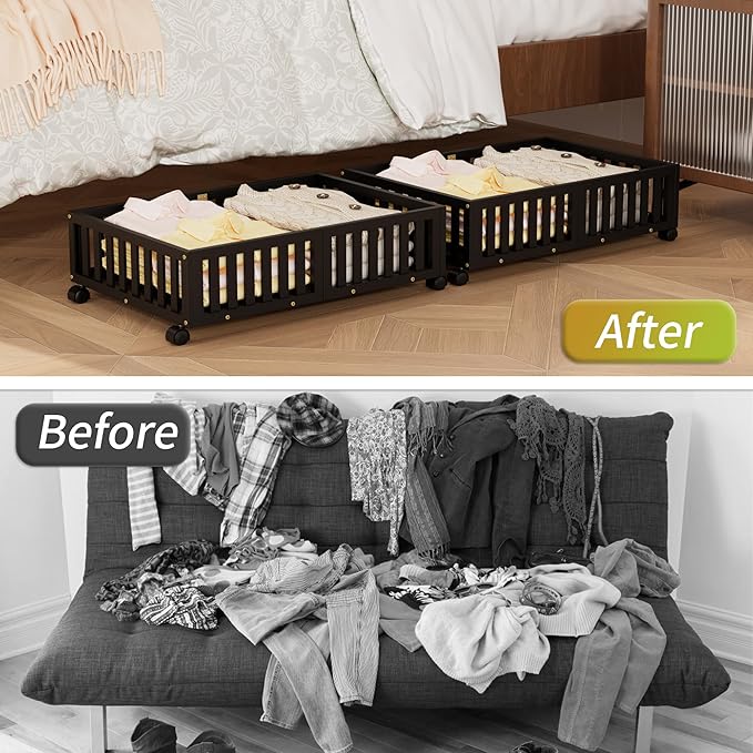 Bamboo Under Bed Storage with Wheels,Rolling Underbed Shoe Organizer Box for Shoes,Blankets,Toys,Clothes Container Space-Savi