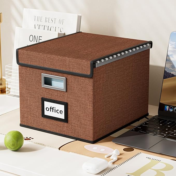 Huolewa Upgrade Portable File Organizer Box with Lid,Large Linen Hanging Office Document Storage Box with Lid,Collapsible Fil