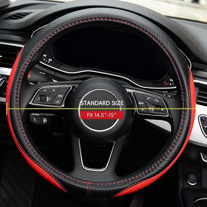 LABBYWAY Microfiber Leather Auto Car Steering Wheel Cover, Universal 15 Inch Anti-Slip Wheel Protector, Red