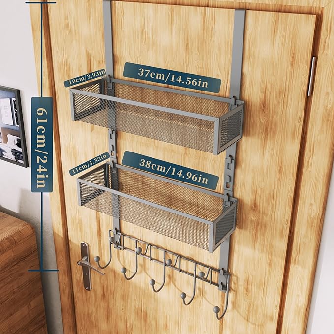 Consumest Over The Door Hooks Organizer - Extra Long Door Hanger with 9 Coat Hooks & 2 Mesh Basket, Back Storage Organizer Ha