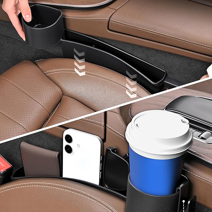 Car Seat Gap Filler, Seat Gap Organizer with Phone Holder, Car Seat Accessories Fit Car SUV Truck, 2PCS Seat Gap Filler with Purse Hook for Car, Black