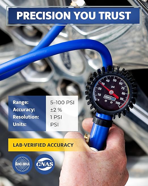 Tire Inflator with Pressure Gauge Heavy Duty Air Chuck with Gauge for Air Compressor Tire Inflator Attachment - 100PSI, with Case