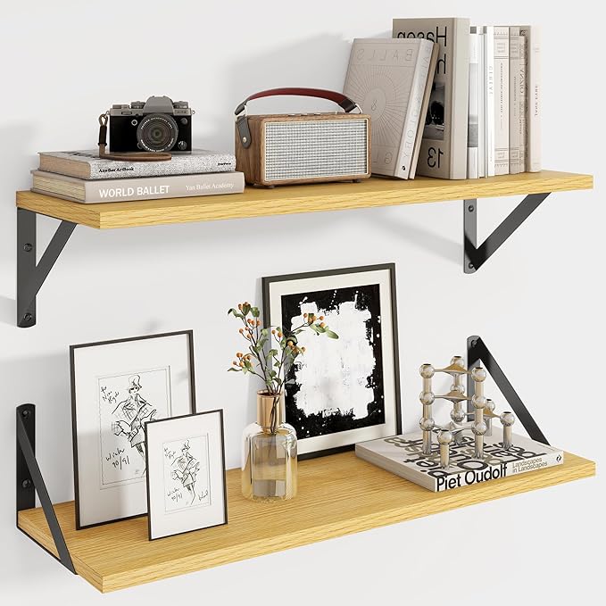 Axeman 24 Inch Floating Shelves | 8 Inch Deep Oak Wall Shelves Set of 2 | 24W x 8D Rustic Wood Shelves for Bookshelf Living R