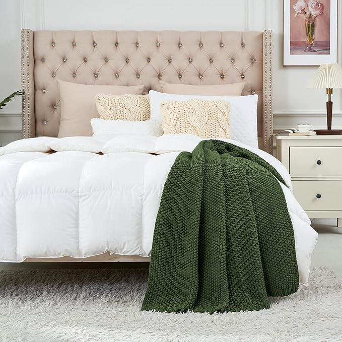 Chunky Cable Knit Throw Blanket Lightweight Olive Green 100% Organic Cotton Blanket for Sofa Couch Bed Baby Nursery, Rustic S