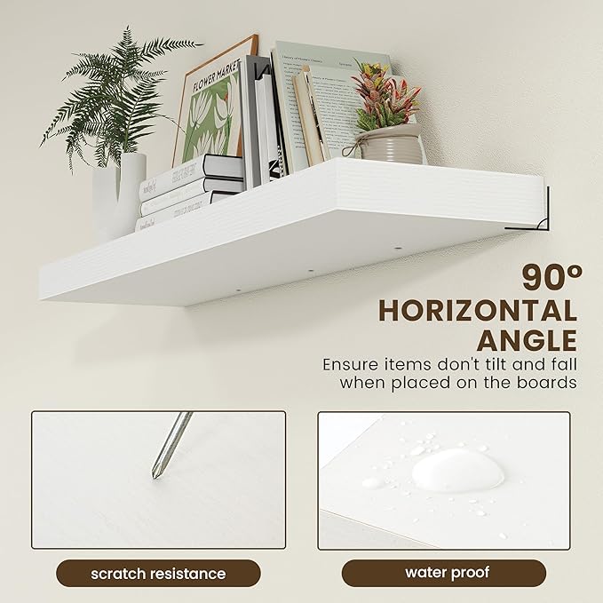 48 Inch White Floating Shelf | 12 Inch Deep Floating Shelves Set of 1 | 48" D x 12" D Rustic Wood Shelves for Wall | Deep Whi