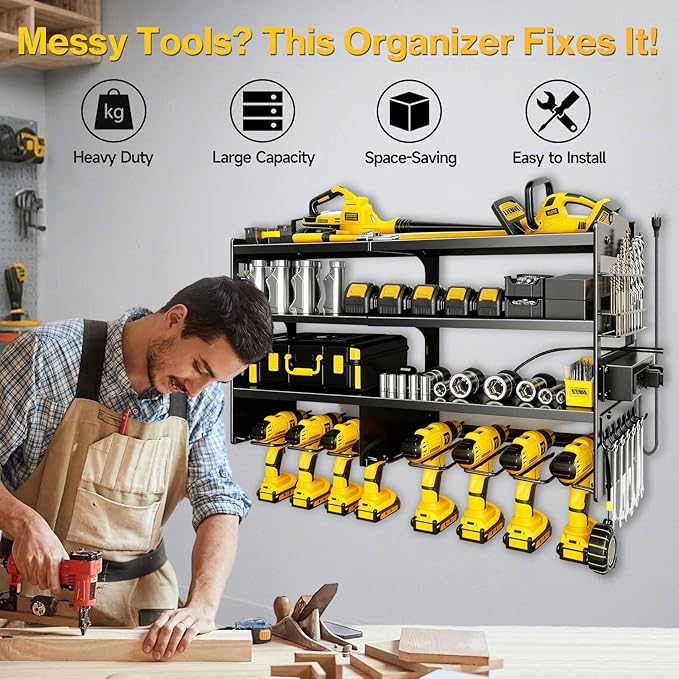 Heavy Duty Power Tool Organizer Wall Mount with Charging Station, 4 Layer Tool Storage Rack with 8 Drill Holder & Power Strip