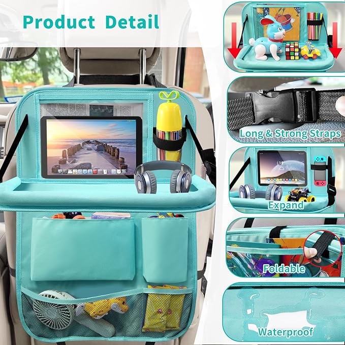 Car Backseat Organizer with Tray, Seat Back Table Holder with 6 Storage Pockets, Car Seat Back Protectors Kick Mats Travel Accessories, 1 Pc Blue