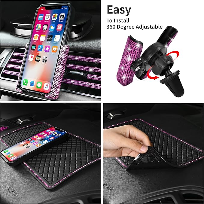 CAR PASS 30 PCS Bling Pink Car Set for Women, Bling Steering Wheel Covers Set 15 Inch, Shining Rhinestone License Plate Frame, Sparkly Diamond Phone Holder, Cute Interior Set Decorations, Pink Diamond