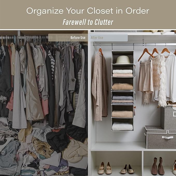 StorageWorks 6-Shelf Closet Organizers, Two 3-Shelf Separable Hanging Shelves for Closet, 12" D x 12" W x 48 ¼"H， Canvas, Gra