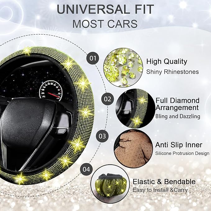 NBTEPEM 27 PCs Yellow Bling Car Accessories Set for Women, Steering Wheel Covers Universal Fit 15 Inch, Bling License Plate Frame, Bling Phone Holder, Bling Car Coasters (Yellow Diamond)