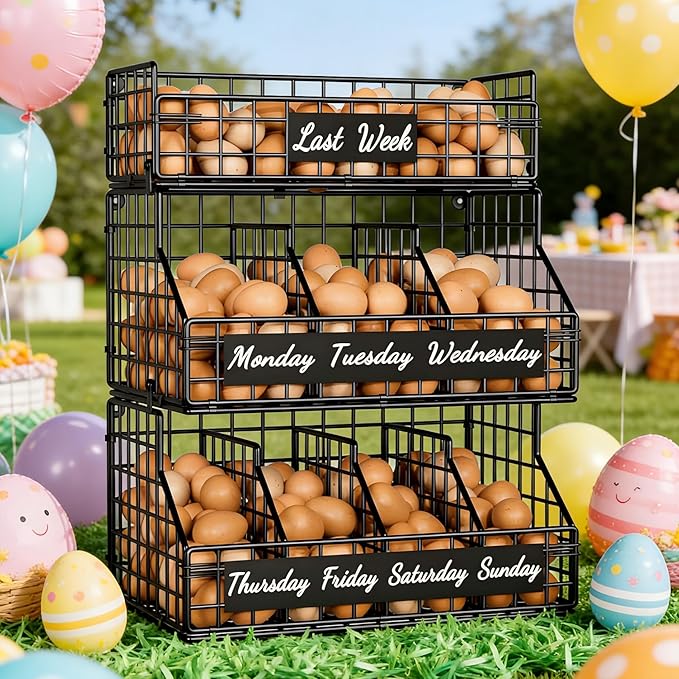 Egg Holder Countertop with Dividers & Labels, 3 Tier Stackable Chicken Egg Holder Egg Baskets for Gathering Fresh Eggs, Egg O