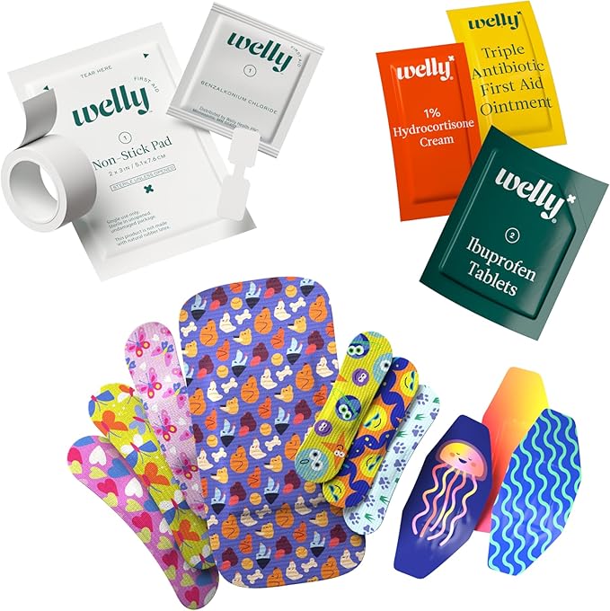 Welly First Aid Kit - Adhesive Flexible Fabric and Waterproof Bandages, Tape and Non-Stick Pads, Butterfly Strips, Single Use