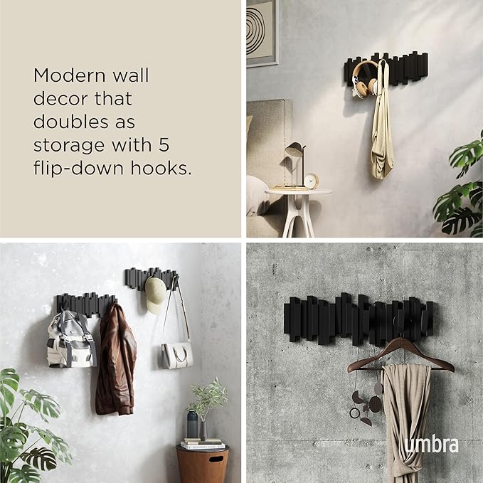 Umbra Sticks Wall-Mounted Coat Rack Rail Hook with 5 Retractable Pegs – Modern, Space-Saving Storage Organizer, Black