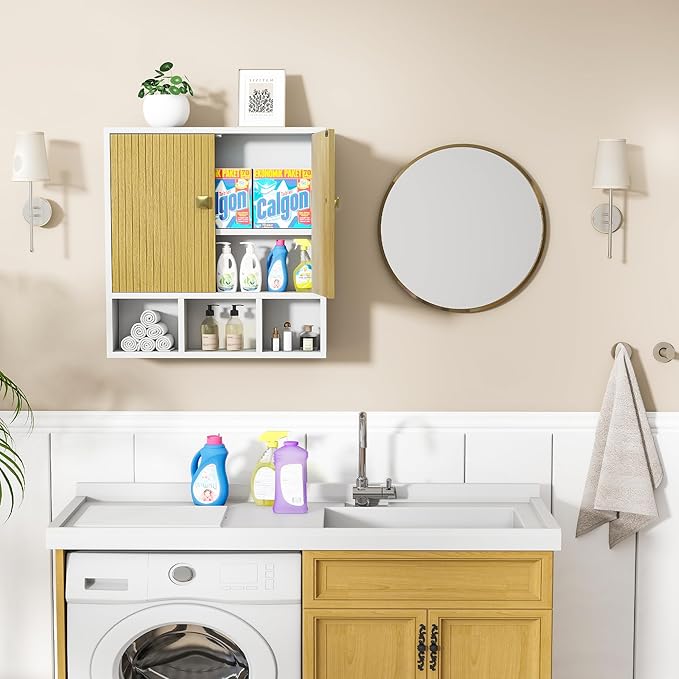 Bathroom Wall Cabinet,Wooden Medicine Cabinet with Fluted Doors Over The Toilet Storage Cabinet with Adjustable Shelf for Bat