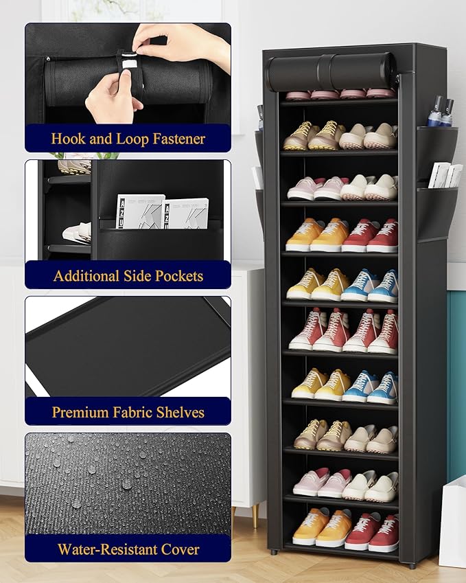 Kitsure Shoe Rack - 10-Tier Large Capacity Shoe Organizer Shelf with Dust Cover & Side Pockets, Rust-Proof Metal Shoe Rack fo
