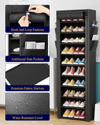 Kitsure Shoe Rack - 10-Tier Large Capacity Shoe Organizer Shelf with Dust Cover & Side Pockets, Rust-Proof Metal Shoe Rack fo