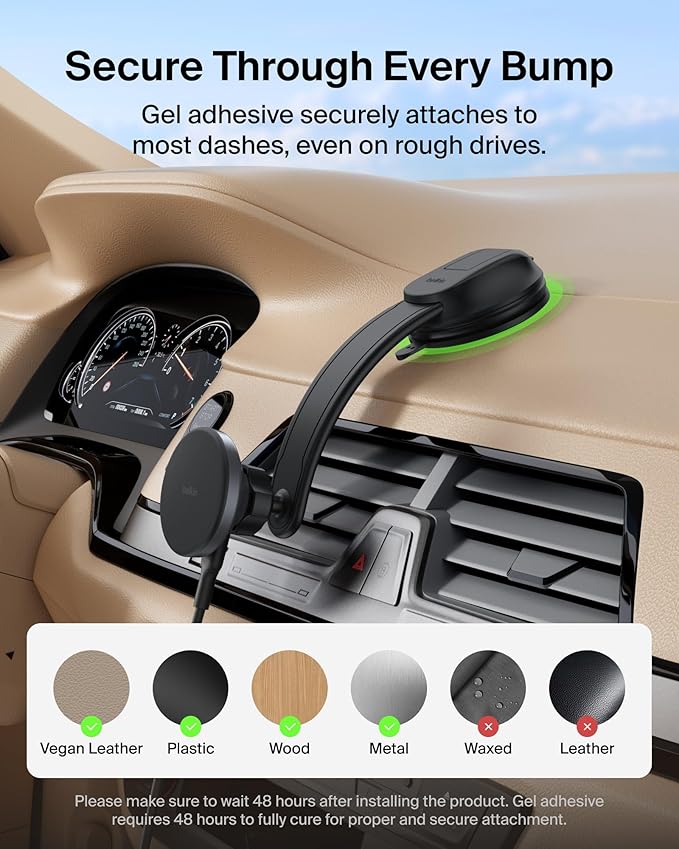 Belkin Wireless Car Charger, MagSafe Phone Holder & Car Dash Mount w/ 1M USB C Cable, Qi2 MagSafe Compatible Fast Charging iPhone Charger for iPhone 17, Galaxy S25, Pixel 10, Road Travelers, Black