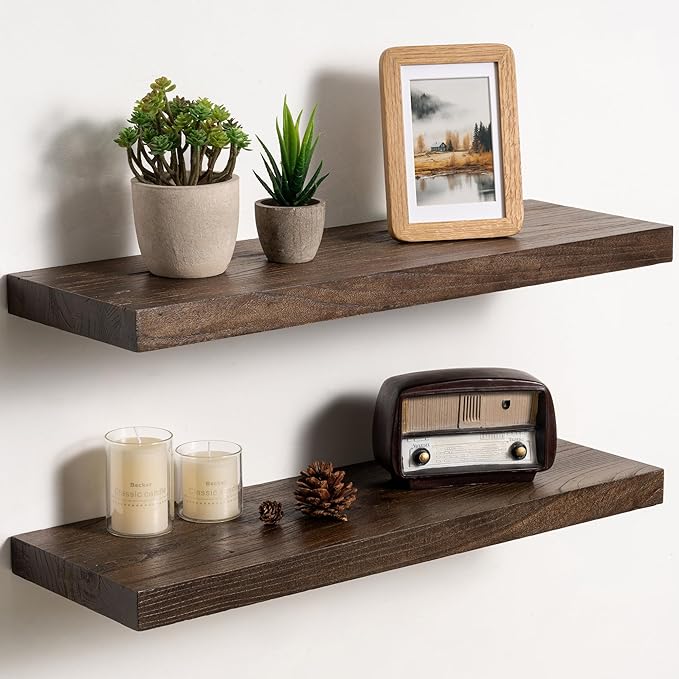 Fun Memories Solid Elm Wood Floating Shelves Set of 2-24 Inch Rustic Wall Shelves with Heavy-Duty Invisible Brackets - for Li