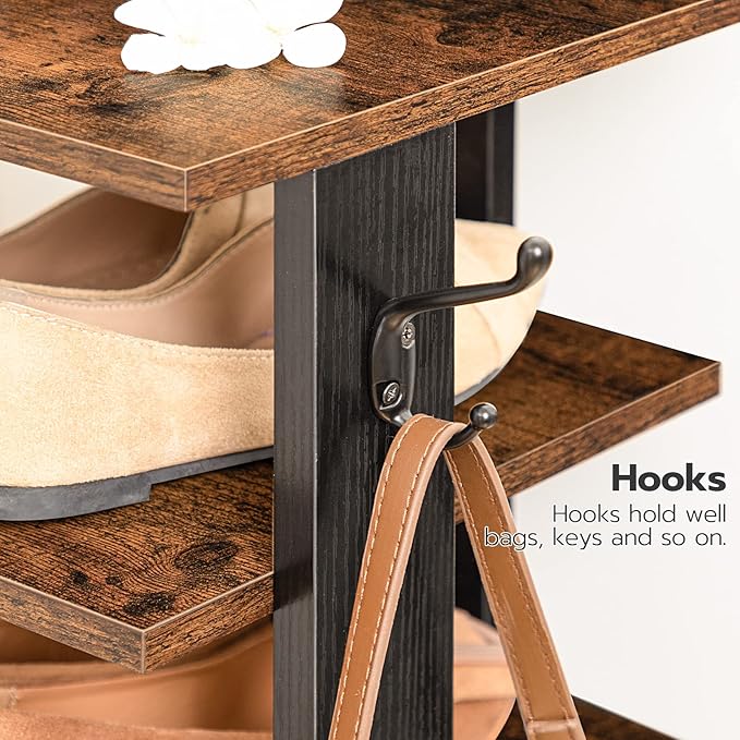HOOBRO 8 Tiers Vertical Shoe Rack, Wooden Shoe Storage Organizer with Hooks, Narrow Shoe Tower for 8 Pairs, Space Saving, for