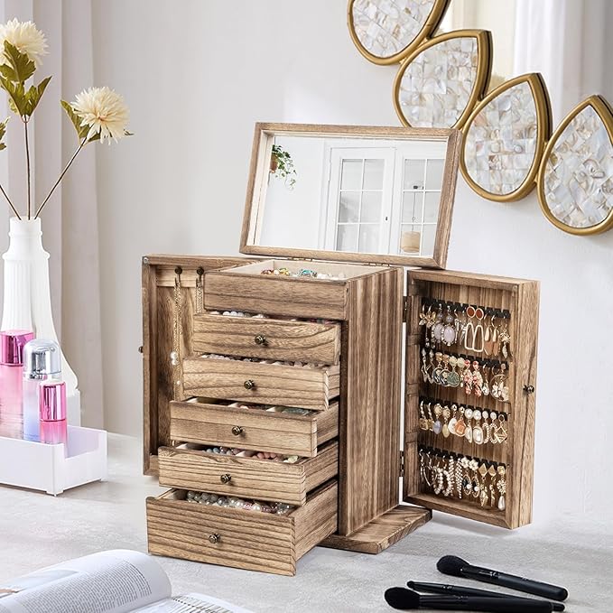 Emfogo Wooden Jewelry Box for Women, 6-Tier Large Jewelry Organizer Boxes with Mirror Rustic Solid Wood jewlery Storage Displ