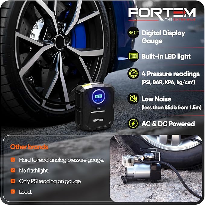 FORTEM Tire Inflator Portable Air Compressor, Air Pump for Car Tires and Bikes, Car Tire Pump w/Auto Shut Off, 150 PSI, 110V AC 12V DC, LED Light, Carrying Case, for Men, Women