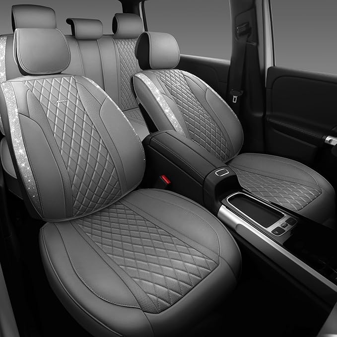 CAR PASS Gray Leather Bling Car Seat Covers Full Set, Luxury Microfiber Nappa PU Cushioned, Waterproof Anti-Slip Universal Fi