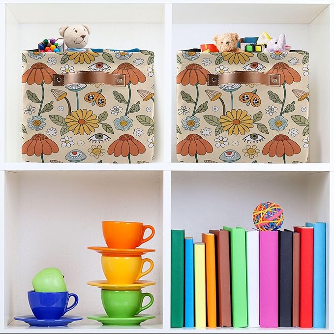 xigua Mushroom Eyes Storage Basket Collapsible Storage Bins Waterproof Canvas Storage Basket with Leather Handles for Home Cl