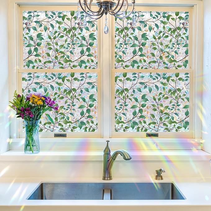 Spring Window Clings Decorative,3D Rainbow Window Privacy Film Sunroof Stained Glass Film, Non-Glue Static Cling Tint for Home Room Bathroom Glass Door Decor(Green Leaves, 16.9" x 39.4")