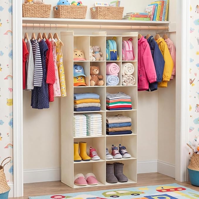 Ofiray-home 6 Tier Hanging Closet Organizer, 16 Compartments Sweater Organizer for Closet with 3 Sturdy Hooks, Closet Organiz