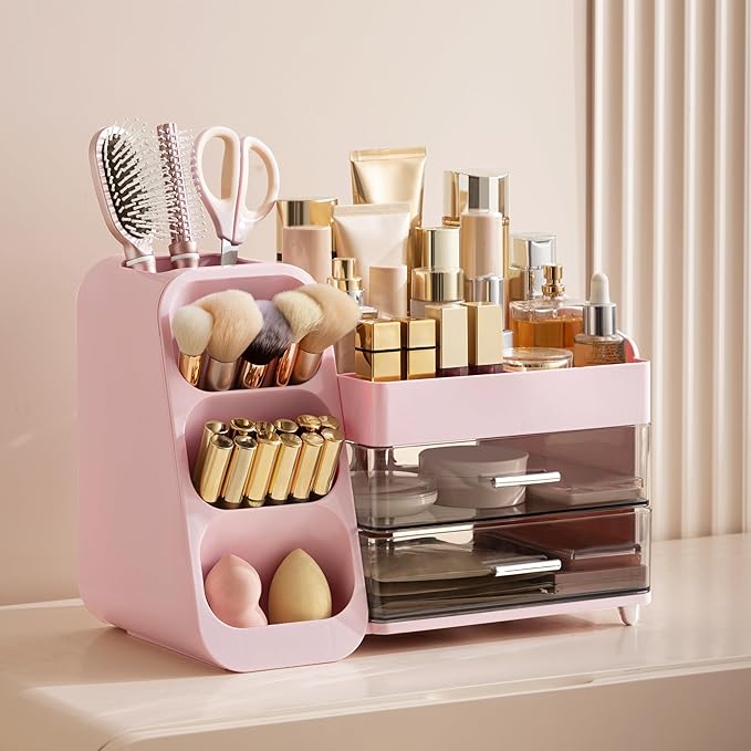 HBlife Makeup Organizer with Brush Holder for Vanity, Large Plastic Bathroom Countertop Organizer Skin Care Storage, Easy to 