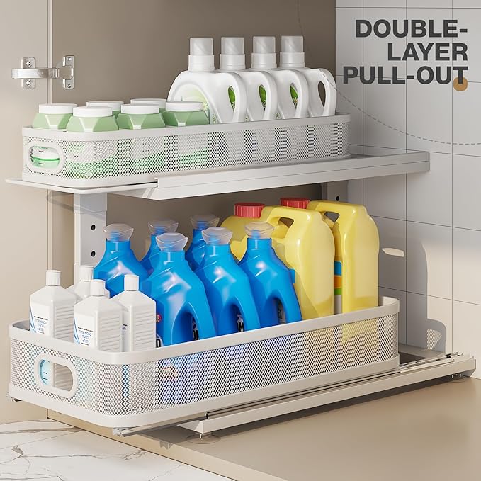 2 Pack 21IN-Depth Under Sink Organizer With Next-Gen Ball-Bearing Slides,2-Tier Precision Mesh Pull Out Cabinet Storage for B