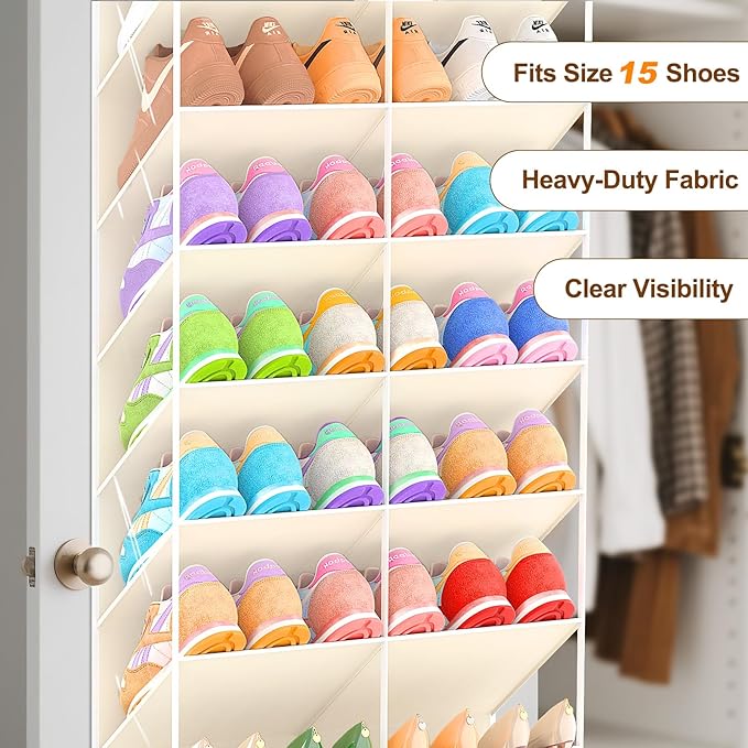 UVIAHOMI 20-30 Pairs Over the Door Shoe Organizer, Clear Pockets Hanging Shoe Storage for Closet, 10-Tier Door Shoes Rack, Ha