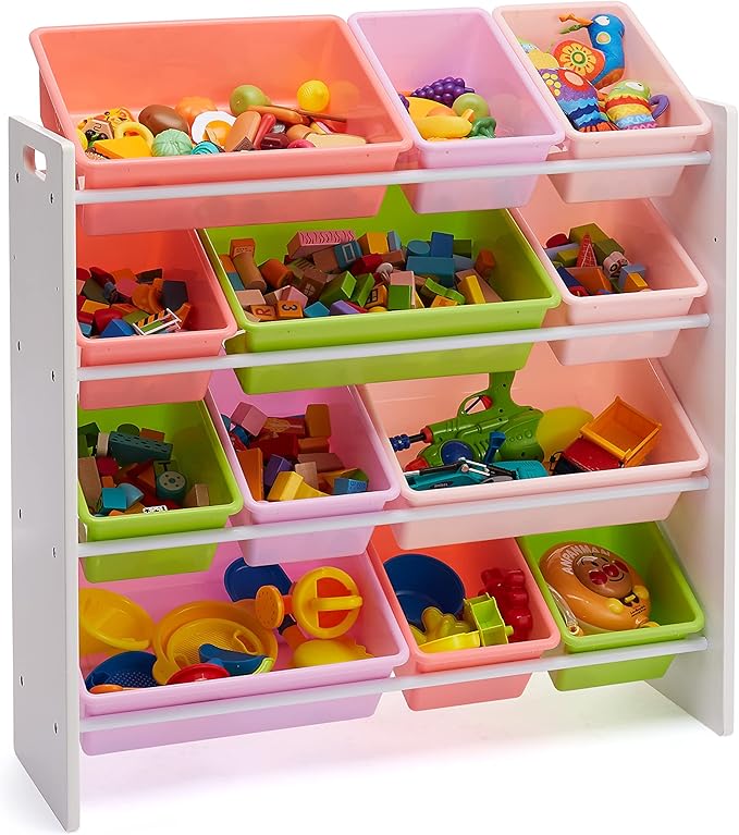 Amazon Basics Kids Toy Storage Organizer with 12 Plastic Bins, White Wood with Pink Bins, for Bedroom and Playroom, 10.9" D x