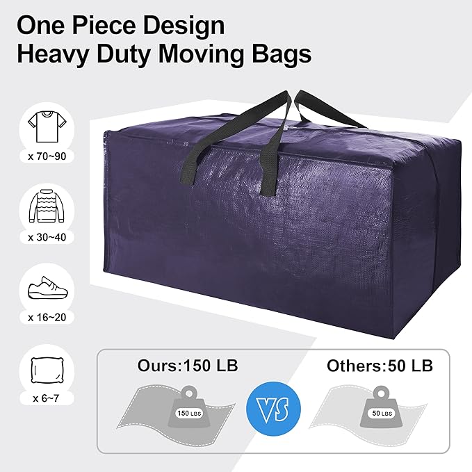 6 Pack Heavy Duty Extra Large Moving Bags W/Backpack Straps - Strong Handles & Zippers, Storage Totes For Space Saving, Fold 