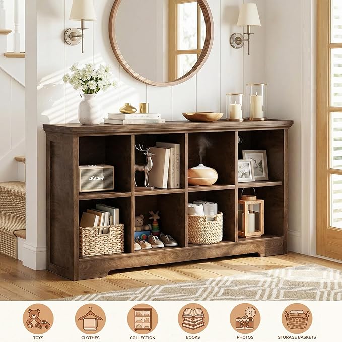 Aheaplus Wooden 8-Cube Storage Organizer with Charging Ports, Modern Cube Bookcase with Base, 3-Tier Floor Standing Open Cubb