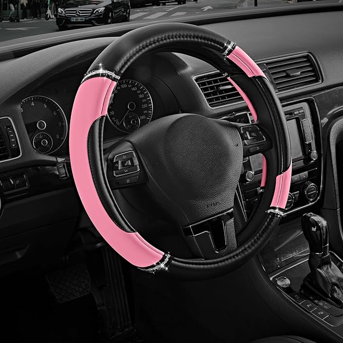 Road Comforts Leather Steering Wheel Cover - Made with PVC Leather - Anti-Slip, Universal Fit 14 1/2 inches to 15 inches - Pi