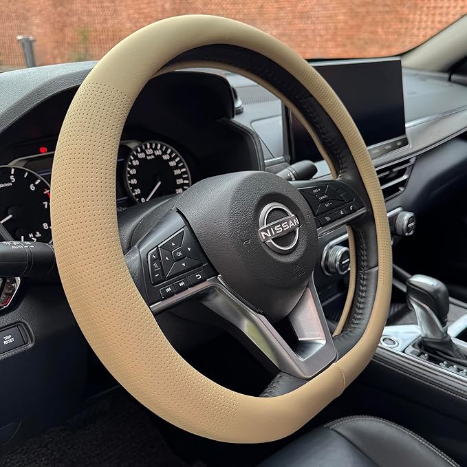 PINCTROT D Shaped Nappa Leather Steering Wheel Cover, Slim Fit No Bulk Design, One Piece Leather with Breathable Perforation,
