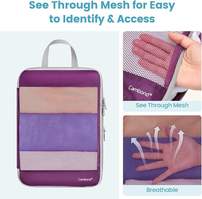 Cambond Compression Packing Cubes - 4 Set See Through Mesh Packing Cubes for Travel, Expandable Travel Essentials Packing Org