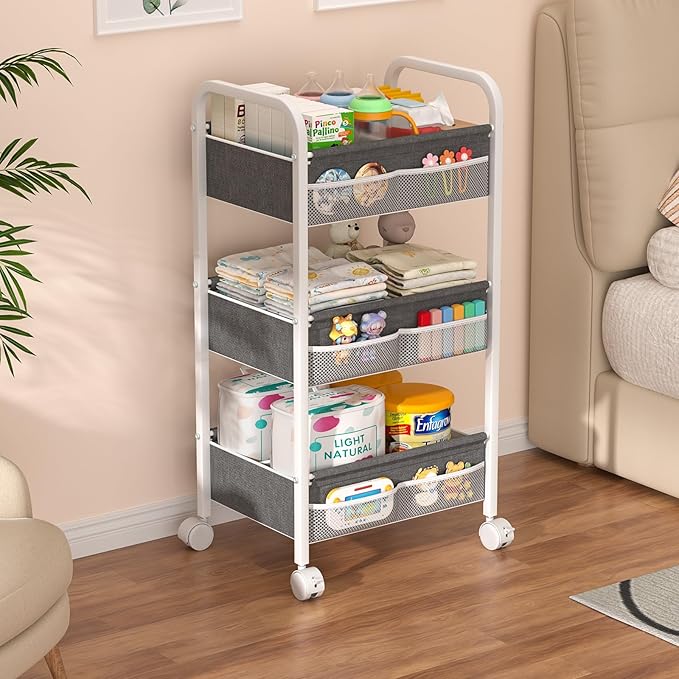 Baby Diaper Caddy Rolling Utility Cart, 3 Tier Baby Essentials Nursery Organizer and Storage with Dividers and Drawers for Cr
